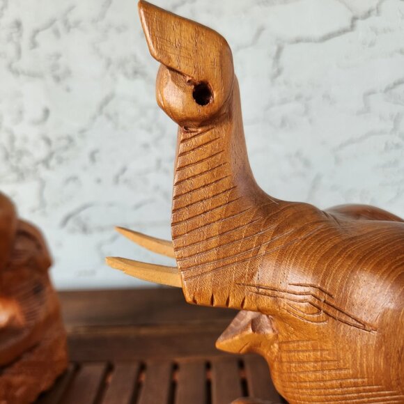 Vintage Hand-Carved Teak Elephant Bookends Pair – 10" Tall Wooden Decor Jungle - Picture 8 of 12